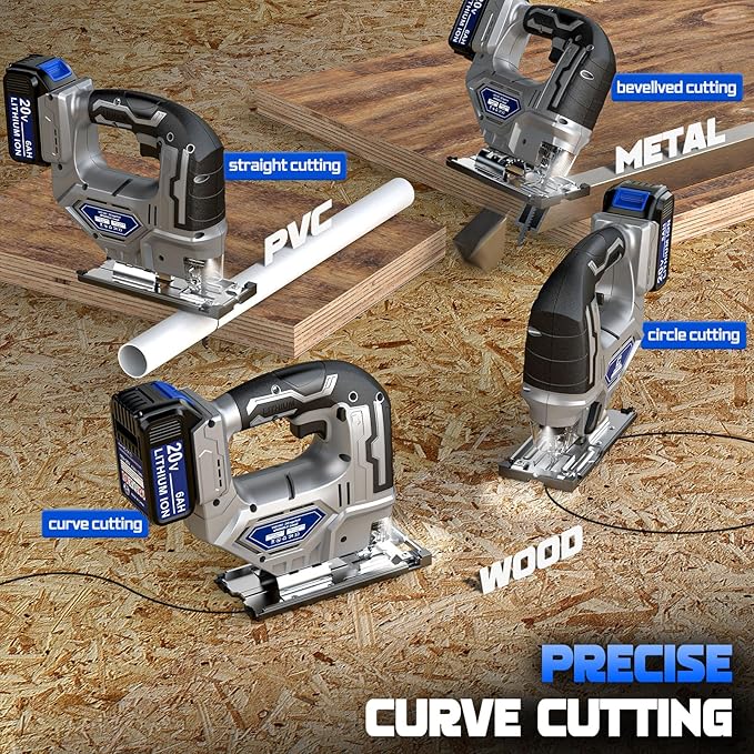 Jigsaw Compatible With Dewalt 20v Max Battery, Cordless jig saw Brushless Motor, 0°- 45° Bevel Cuts, LED Light with 3 Position Orbital Setting for Cutting (With 5Ah Battery & Charger Station Kit)