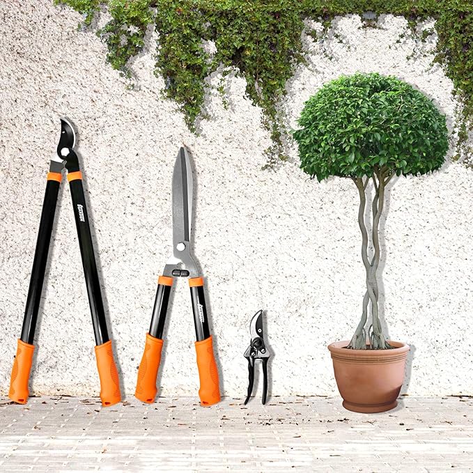 E&K Sunrise Set of 3 Pieces Garden Tree Tools for Lawn & Garden Care Garden Kit with Lopper, Hedge Shears and Pruner Shears, Tree & Shrub Care Kit