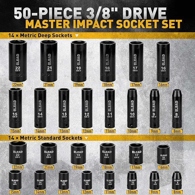 3/8'' Drive Impact Socket Set - 50-Piece Shallow & Deep Socket Set Metric and Standard Full with Universal Joint, Extension Bar, 1/2 to 3/8 Reducer, Hex Shank Socket Adapter, Ratchet Handle