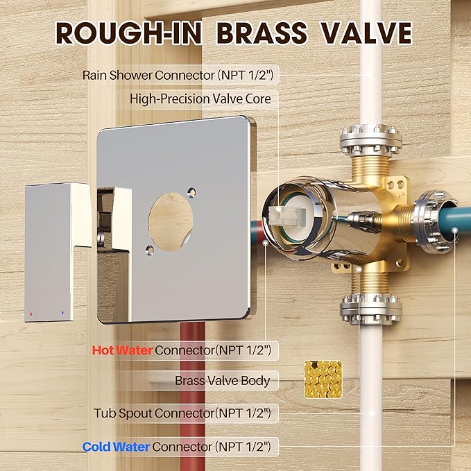 Alesco Shower Faucet Set, Chrome Tub Shower Faucet with 8-Inch Showerhead and Bathtub Spout, Showerhead and Handle Set Include Valve and Trim Kit, Polished Chrome