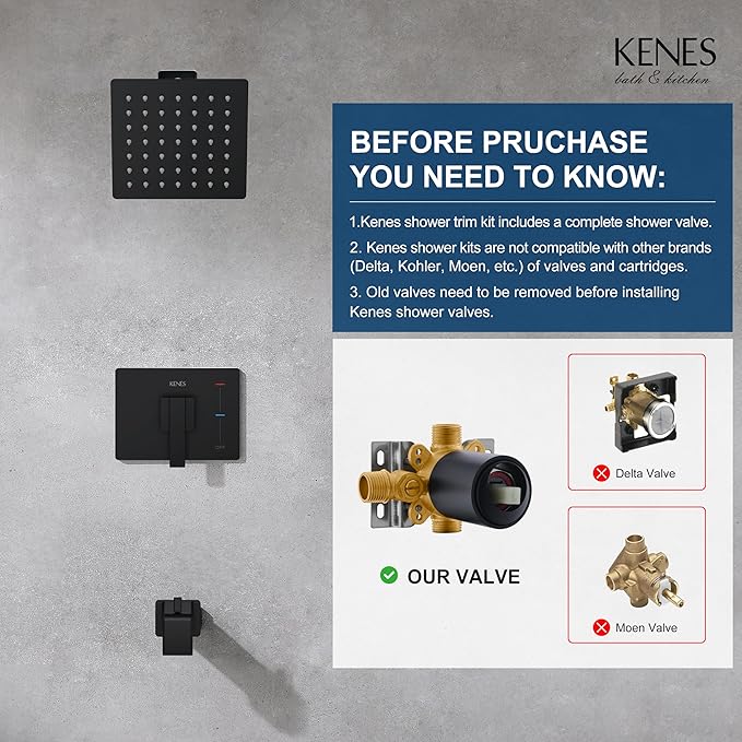 KENES Modern Matte Black Shower Faucet, Tub and Shower Trim Kit with Single-Spray Square Stainless Black Rain Shower Head, KE-6025A-2 (Shower Valve Included)