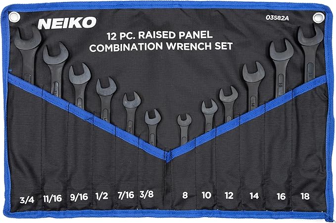 NEIKO 03582A Combination Wrench Set, 12 Pc Raised Panel Combo Wrenches Set, Metric and Standard, Black Oxide Drop Forged Carbon Steel, Mechanic Open End Wrench Set, Small Box End Wrench Set SAE & MM