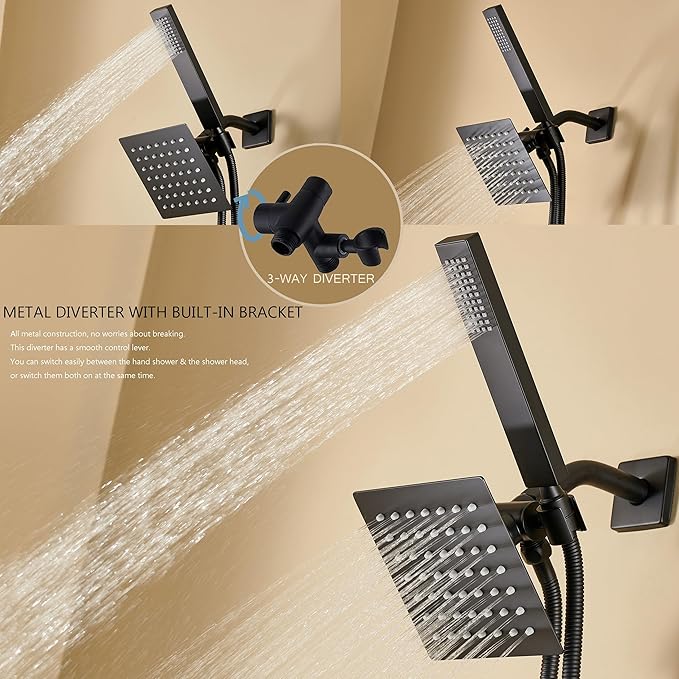 Black Shower Head and Handle Set, Shower Faucet Set Dual Shower Heads with Handheld Spray Combo, All Metal 6" Dual Shower Head Combo and 3-Way Diverter, Black Shower Faucet Set with Valve
