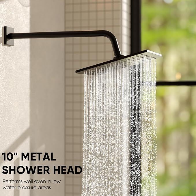 Esnbia Thermostatic Tub Shower Faucet Set, All Metal Tub System with 3 Way Valve, 10 Inch Rain Shower Head with Handheld Spray Combo,Matte Black
