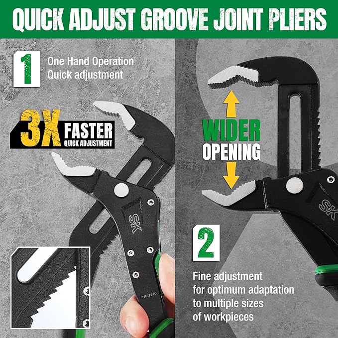 SK 10-Inch Quick Adjust Groove Joint Pliers, Water Pump Pliers, Premium CR-V Construction, SureGrip V-Jaw Design with Comfortable Grips