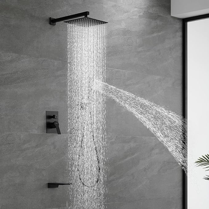SHAMANDA Shower System with Waterfall Tub Spout and Handheld Shower Head, 10" Rain Shower Faucet Sets Complete with Shower Round-in Valve and Trim Wall Mount, Matte Black, L1010-7
