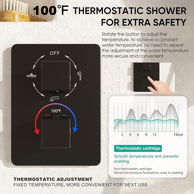 Esnbia Thermostatic Tub Shower Faucet Set, All Metal Tub System with 3 Way Valve, 10 Inch Rain Shower Head with Handheld Spray Combo,Matte Black