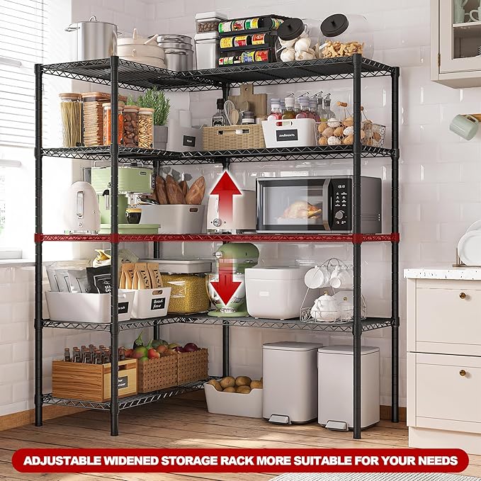 REIBII1450LBS Metal Shelving Unit Storage Shelves 5 Tier Wire Shelving 58.1''W Pantry Shelves Wire Shelf Adjustable Garage Shelving Heavy Duty Storage Rack for Pantry Kitchen Garage, Black,2 Pack