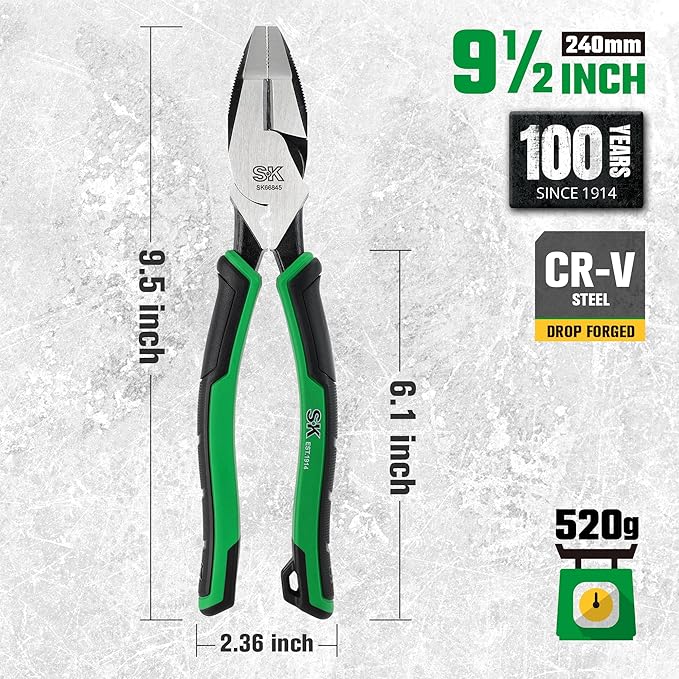 SK 9.5-Inch Linesman Pliers, Premium CR-V Steel Construction, Ergonomic Anti-slip Handle for Comfortable Grip