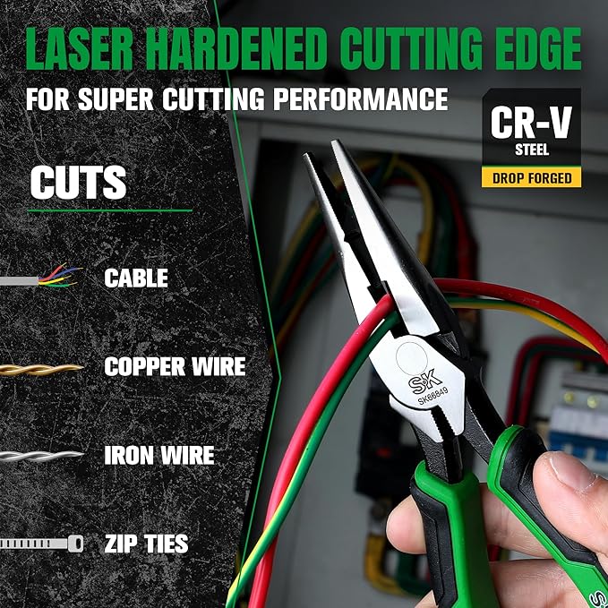 SK 8-Inch Long Nose Pliers, Needle Nose Pliers, Premium CR-V Steel Construction, Ergonomic Anti-slip Handle for Comfortable Grip