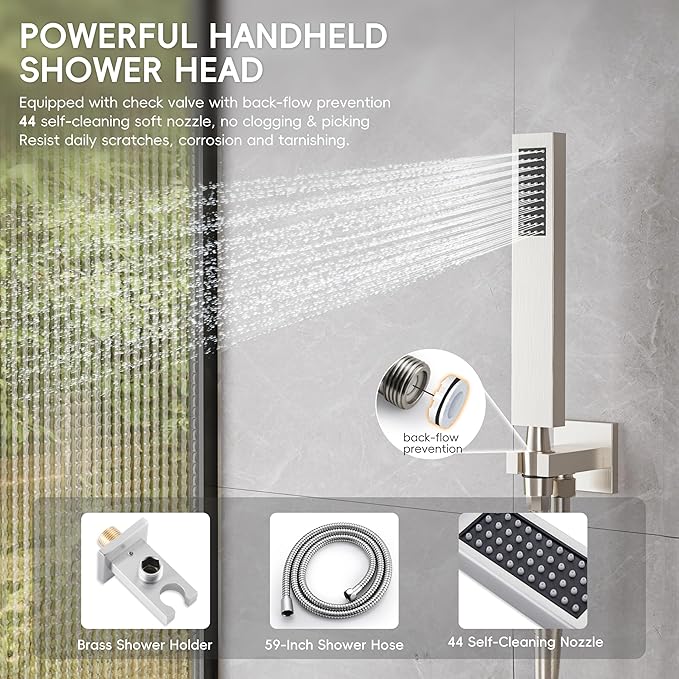 Alesco Shower Faucet Set, Brushed Nickel Shower System with 12-Inch High-Pressure Rainfall Showerheads and Handheld Spray combo, Showerfixture Include Valve and Trim Kit, Brushed Nickel