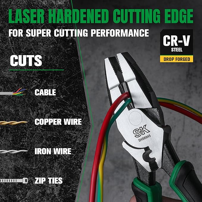 SK 9.5-Inch Linesman Pliers, Premium CR-V Steel Construction, Ergonomic Anti-slip Handle for Comfortable Grip