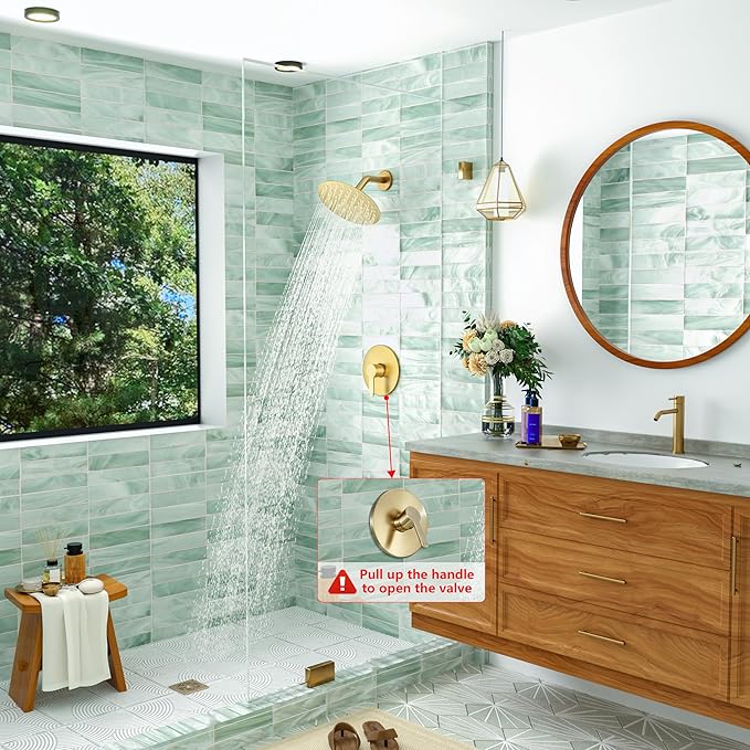 Shower Faucet, Gold Shower Faucet Set with 8-Inch Rainfall Showerhead, Single-Handle Shower-Trim Kit Included Valve, Brushed Gold