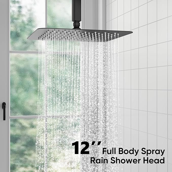 esnbia Shower System, Bathroom 12 Inches Rain Shower Head with Handheld Combo Set, Ceiling Mounted High Pressure Rainfall Dual Shower Head System, Shower Faucet Set with Valve and Trim, Matte Black
