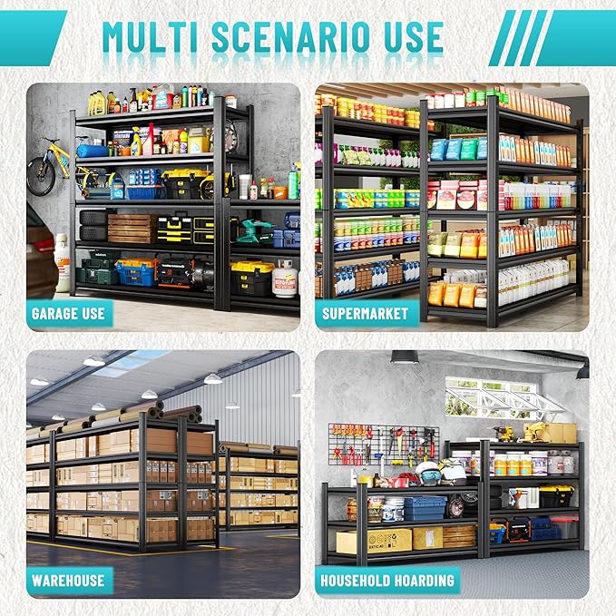 Heavy Duty 5-Tier Shelving Unit 2500LBS Capacity - Adjustable Steel Garage Shelves for Warehouse, Basement Storage(35.4''W×11.8''D×77''H)