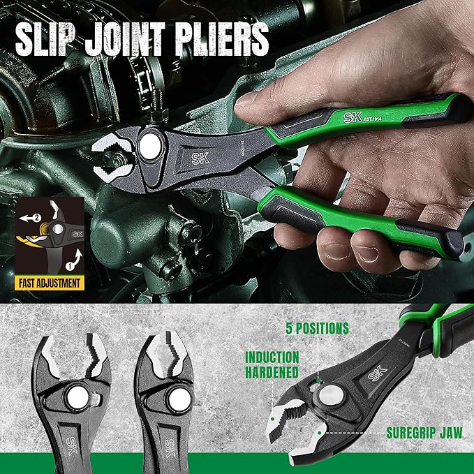 SK 5-Piece Pliers Set, 8" Adjustable Joint, 8", 10" and 12" Quick Adjust V-Jaw Groove Joint, 10" Pliers Wrench, Premium CR-V Construction, with EVA Foam Tool Organizer