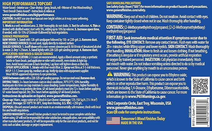 General Finishes High Performance Water Based Topcoat, 1 Pint, Gloss