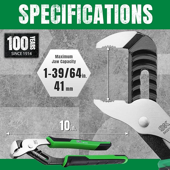 SK 10-Inch Groove Joint Pliers, Water Pump Pliers, Premium CR-V Steel Construction, Serrated Jaw with Comfortable Grips