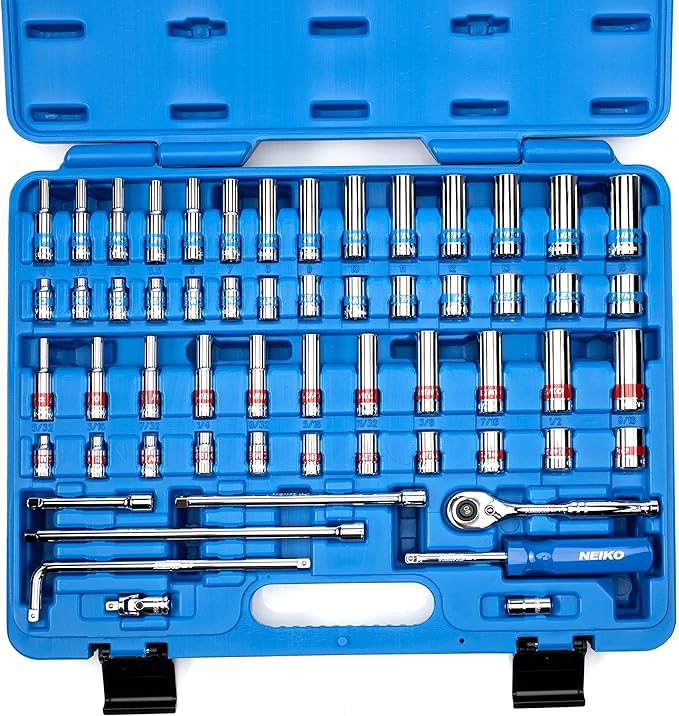 Neiko 02514A 1/4 Inch-Drive Ratchet and Small Socket Set, 58-Piece, Chrome Vanadium Steel, Multi-color