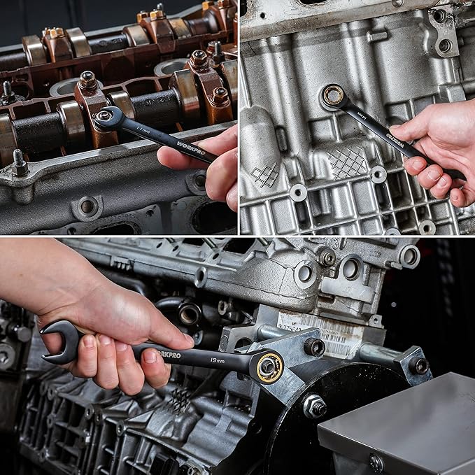 WORKPRO 9-Piece Anti-Slip Ratcheting Combination Wrench Set, Metric 8-19 mm, 72-Teeth, Cr-V Constructed, Black Ratchet Wrenches Set with Roll Up Pouch