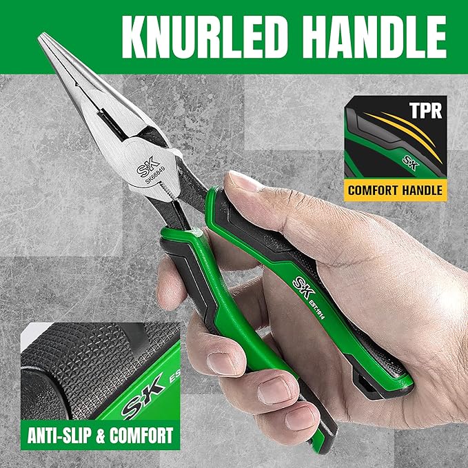 SK 8-Inch Long Nose Pliers, Needle Nose Pliers, Premium CR-V Steel Construction, Ergonomic Anti-slip Handle for Comfortable Grip