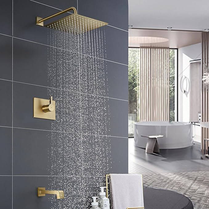 Brushed Gold Shower Fixtues, Tub and Shower Faucet Set Combo with 12 Inch Gold Shower Head and Tub Spout, Gold Shower Head and Handle Set (Valve Included)