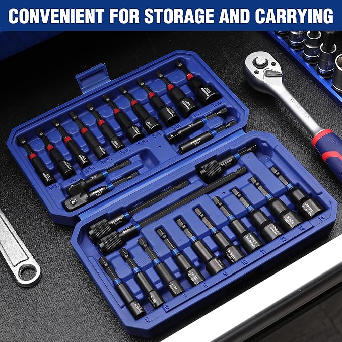 WORKPRO 27 PCS Magnetic Nut Driver Set, Impact Drill Driver Bit 1/4" Hex Shank, SAE & Metric Cr-V Steel Power Nut Drivers with Quick-release Extensions, Impact Socket Adapters, Bit Holder and Toolbox