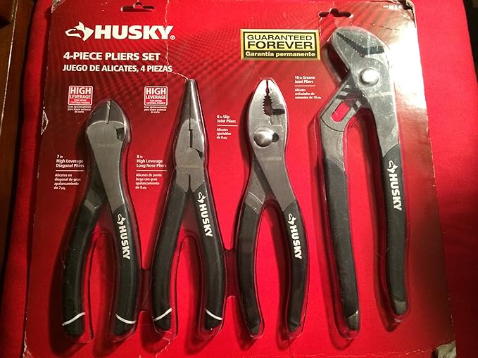 Husky 861461 4 Piece High Leverage Multi-Use Pliers Set with Diagonal, Long Nose, Slip Joint, and Groove Joint Pliers