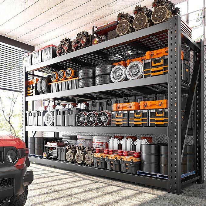 Bepatio 77" W Storage Shelves Heavy Duty Garage Shelving 8000LBS 4 Tier Metal Shelving Unit, Adjustable Shelves, Steel Industrial Shelving for Basement Warehouse Commercial,77" W*24" D*72”H,Black