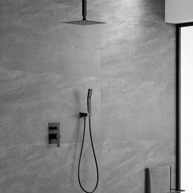 Ceiling Mounted Rain Shower System, SHAMANDA Luxury Brass Shower Faucet Set with 12 Inch Shower Head and Hand Shower(Including Rough-In Valve Body and Trim), Matte Black, LCM701-7