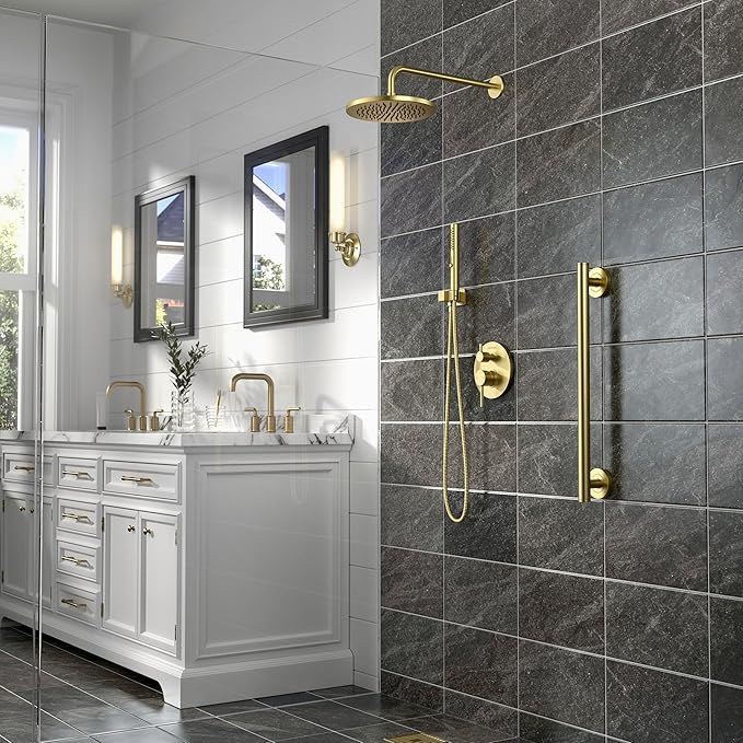 Lava Odoro Modern 2-Setting Round Rain Shower System, Gold Rainfall Shower Faucet Set Rain Shower Head and Handle Set, Shower Valve Trim Kit, 10 Inch, Brushed Gold, SF104-SG