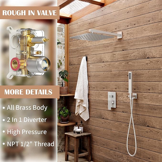 Alesco Shower System, Brushed Nickel Shower Faucet Set with 10-Inch High-Pressure Rainfall Showerheads and Handheld Spray combo, Showerfixture Include Valve and Trim Kit, Brushed Nickel