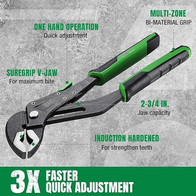 SK 12-Inch Quick Adjust Groove Joint Pliers, Water Pump Pliers, Premium CR-V Construction, SureGrip V-Jaw Design with Comfortable Grips