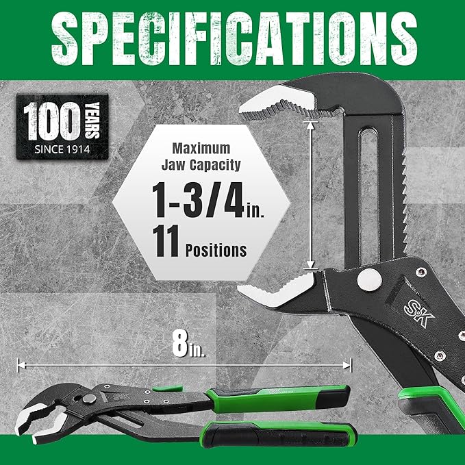 SK 8-Inch Quick Adjust Groove Joint Pliers, Water Pump Pliers, Premium CR-V Construction, SureGrip V-Jaw Design with Comfortable Grips