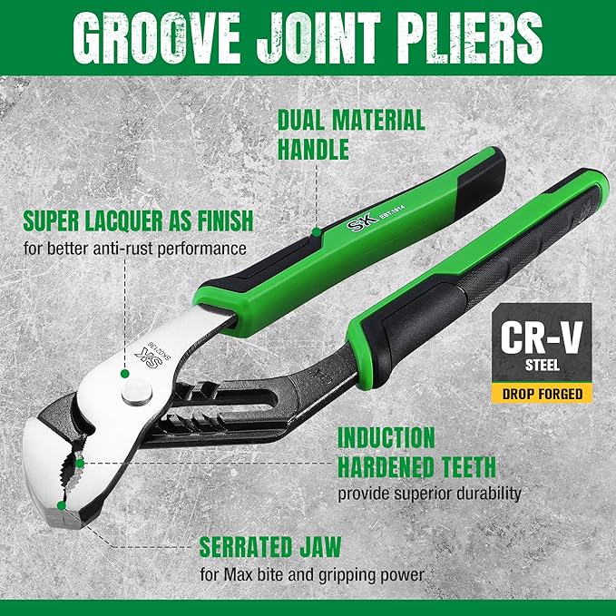 SK 3-Piece Groove Joint Pliers Set, Adjustable Water Pump Pliers, 8-inch, 10-inch, 12-inch, Premium CR-V Steel Construction, Serrated Jaw with Comfortable Grips, Organized in Rolling Pouch
