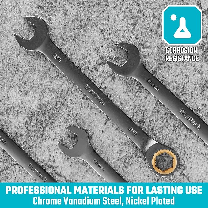 DURATECH Anti-Slip Ratcheting Wrench Set, Combination Wrench Set, 22-piece, Metric & SAE, 1/4" to 3/4" & 6-18mm, 72-Tooth, CR-V Steel, Nickel Plating, with Pouch