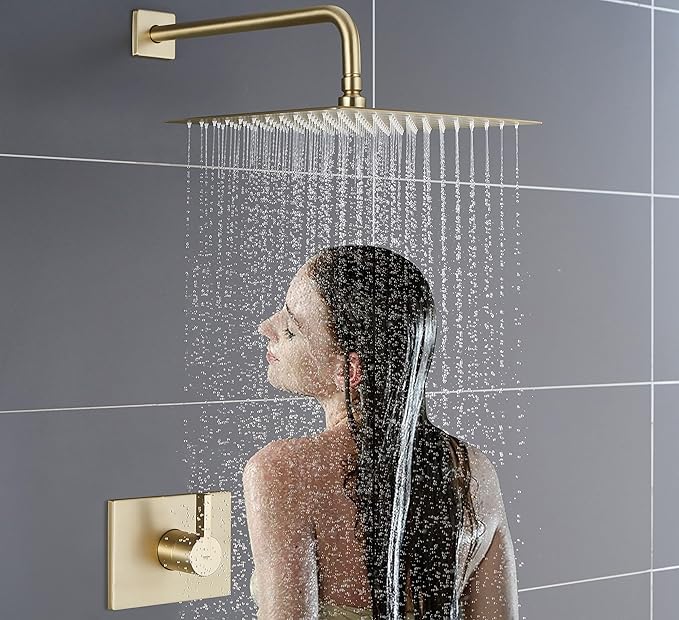 Brushed Gold Shower Fixtues, Tub and Shower Faucet Set Combo with 12 Inch Gold Shower Head and Tub Spout, Gold Shower Head and Handle Set (Valve Included)