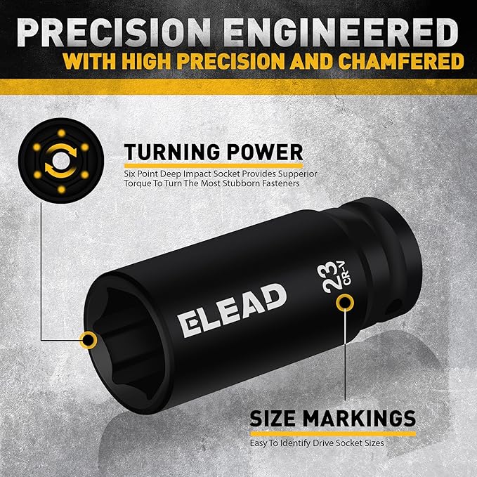 ELEAD 1/2" Drive Deep Impact Socket Set: 30-Piece Standard SAE (3/8 to 1 Inch) and Metric (10-24mm) Size, 3" and 5" Drive Extension Bar, Ratchet Handle, Bit Adapter, CR-V Steel for Auto Repair