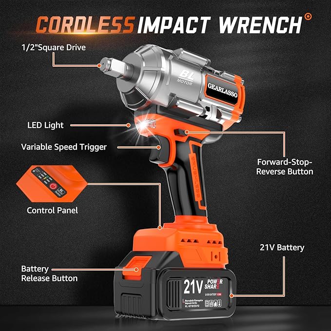 1/2" Cordless Impact Wrench 1600Nm(1200Ft-lbs) High Torque Brushless Impact Gun with 2 x 4.0Ah Batteries, 6 Sockets, Charger, Extension Bar, Variable Speeds for Home/Car/Truck/RV/Mower
