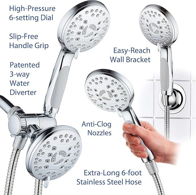 AquaSpa High Pressure 48-mode Luxury 3-way Combo – Dual Rain & Handheld Shower Head – Extra Long 6 Foot Stainless Steel Hose – Anti Slip Grip – All Chrome Finish – Extra Wall Bracket