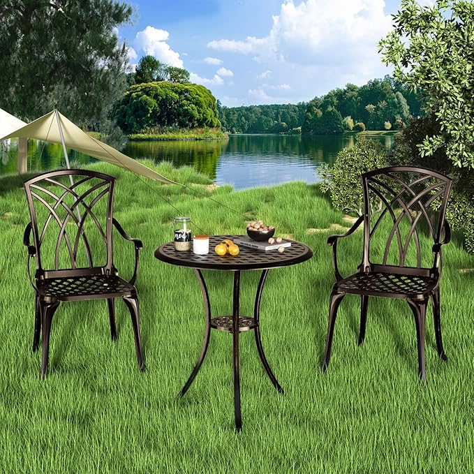 Patio Bistro Set 3 Piece, Cast Aluminum Bistro Set for 2 w/Umbrella Hole, Outdoor Table and Chairs Set of 2, Bistro Set for Balcony/Backyard/Garden, Bronze