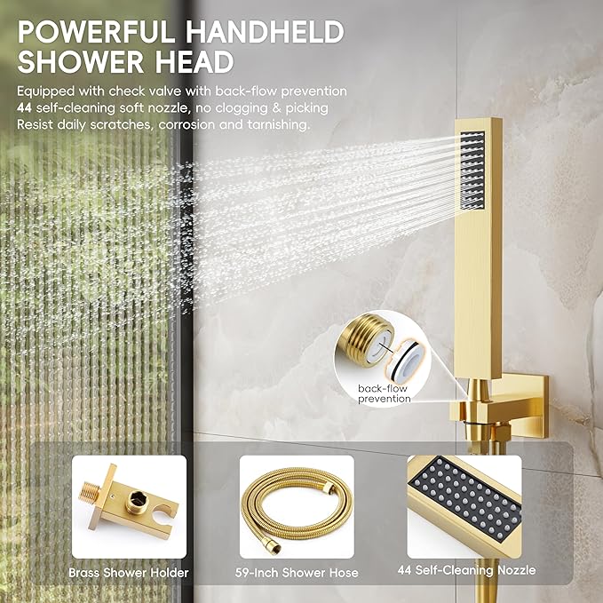 Alesco Shower Faucet Set, Gold Shower System with 12-Inch High-Pressure Rainfall Showerheads and Handheld Spray combo, Showerfixture Include Valve and Trim Kit, Brushed Gold