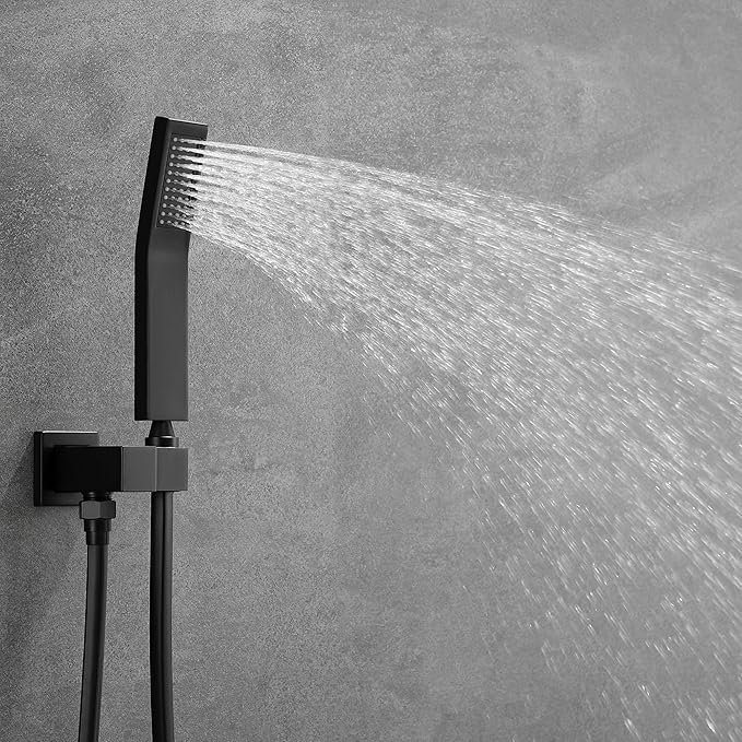 Ceiling Mounted Rain Shower System, SHAMANDA Luxury Brass Shower Faucet Set with 12 Inch Shower Head and Hand Shower(Including Rough-In Valve Body and Trim), Matte Black, LCM701-7