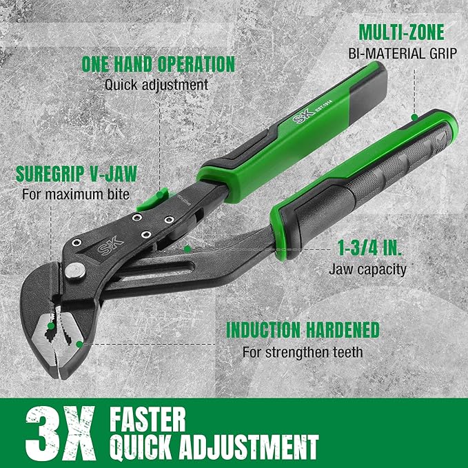 SK 8-Inch Quick Adjust Groove Joint Pliers, Water Pump Pliers, Premium CR-V Construction, SureGrip V-Jaw Design with Comfortable Grips