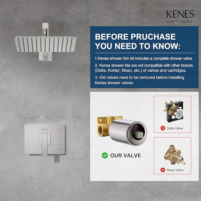 KENES Modern Brushed Nickel Shower Faucet, Square Shower Trim Kit with Single-Spray Shower Head, Shower Trim Systems Wall Mount, KE-6024B (Shower Valve Included)