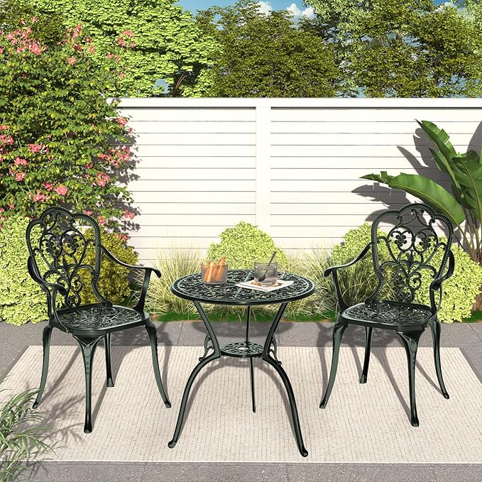 Patio Bistro Set of 2, Cast Aluminum, Outdoor Set w/Umbrella Hole, 3 Piece Table and Chairs Set, Bistro Set for Backyard/Garden/Lawn, Green