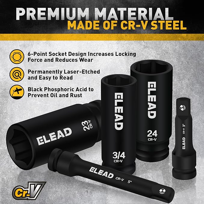 ELEAD 1/2" Drive Deep Impact Socket Set: 30-Piece Standard SAE (3/8 to 1 Inch) and Metric (10-24mm) Size, 3" and 5" Drive Extension Bar, Ratchet Handle, Bit Adapter, CR-V Steel for Auto Repair