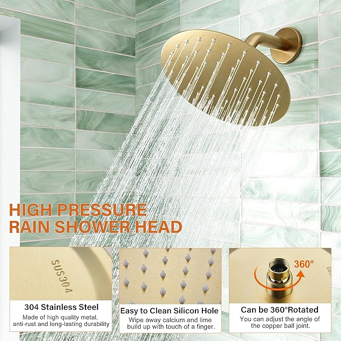 Shower Faucet, Gold Shower Faucet Set with 8-Inch Rainfall Showerhead, Single-Handle Shower-Trim Kit Included Valve, Brushed Gold