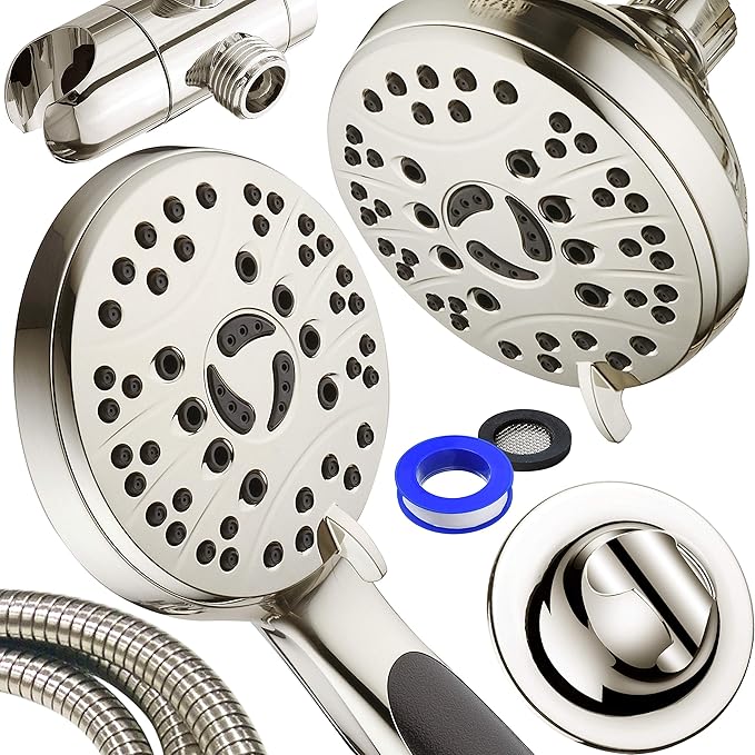 High Pressure 48-mode Luxury 3-way Combo – Dual Rain & Handheld Shower Head – 6 Foot Stainless Steel Hose – Anti Slip Grip – All Brushed Nickel Finish – Top US Brand – Extra Wall Bracket