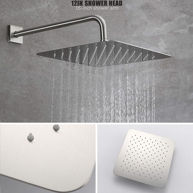 Rain Shower System with Waterfall Tub Spout 2 Function Brushed Nickel Shower Faucet Set Contain 12 Inch Shower Head and Tub Spout Trim Kit (Valve Included)
